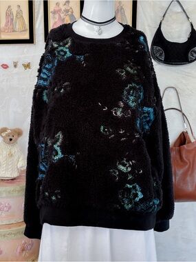 Whimsigoth cozy casual girly embroidered floral fuzzy sweater